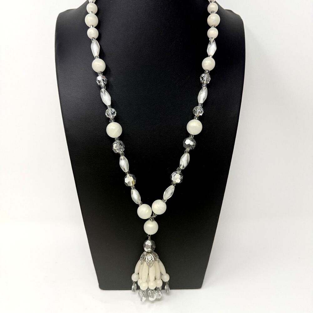 Vintage Judy Lee Tassel Necklace Frosted White Lucite Crystals Beads 24"